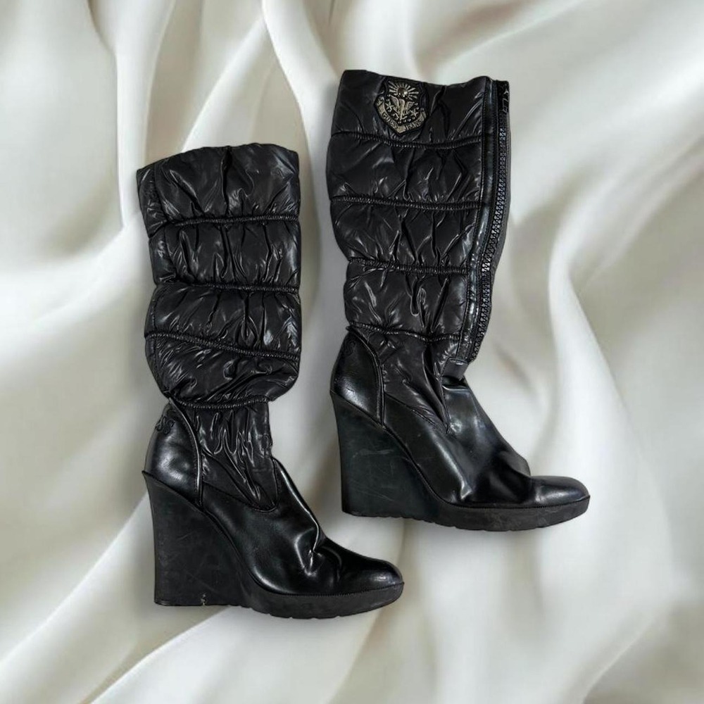 Guess black quilted puffer wedge knee high boots y2k vintage